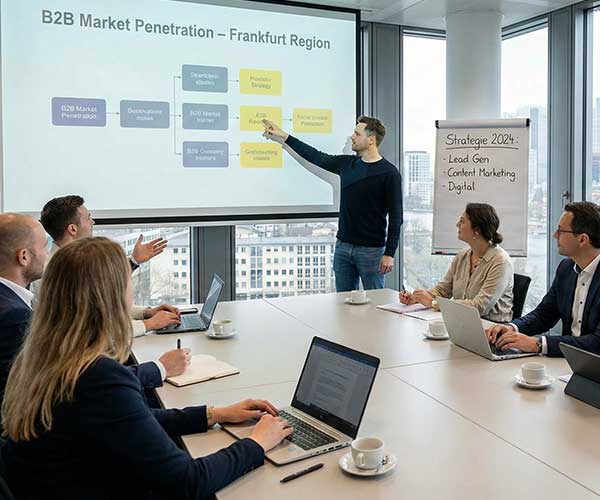 Strategiebesprechung einer Werbeagentur mit B2B Kunden in Frankfurt