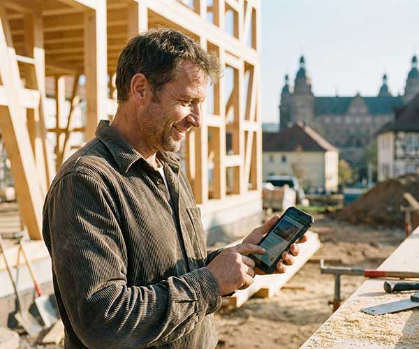 Handwerker aus Aschaffenburg prüft Pläne - modernes Webdesign für Betriebe